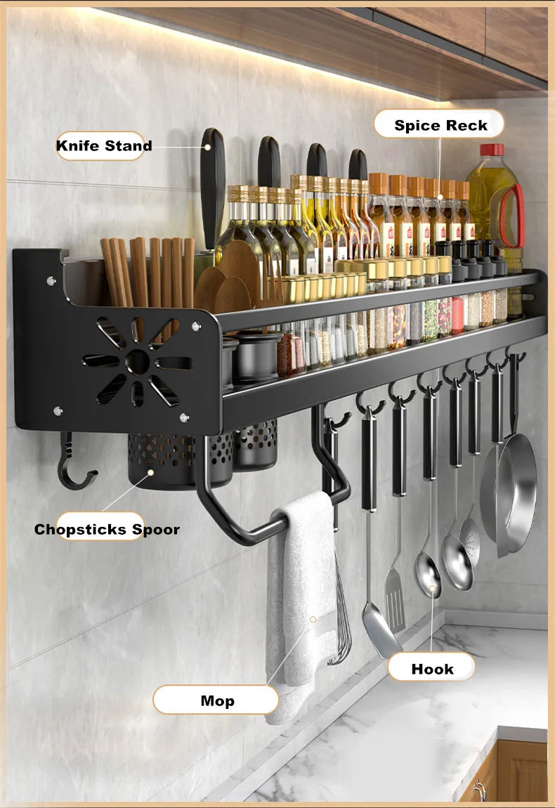 Kitchen Organizer Shelf Wall-mounted Spice Storage Rack Kitchen Knife Holder Wall Seasoning Chopstick Spoon Shovel Storage Sheif