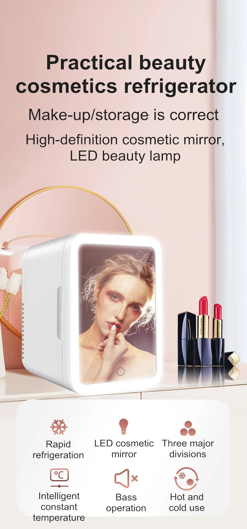 Home and Car Dual-Purpose Beauty Refrigerator With Touch Lamp Cosmetic Mirror Car Mini 4L Refrigerator Cosmetic Skin Care Produc