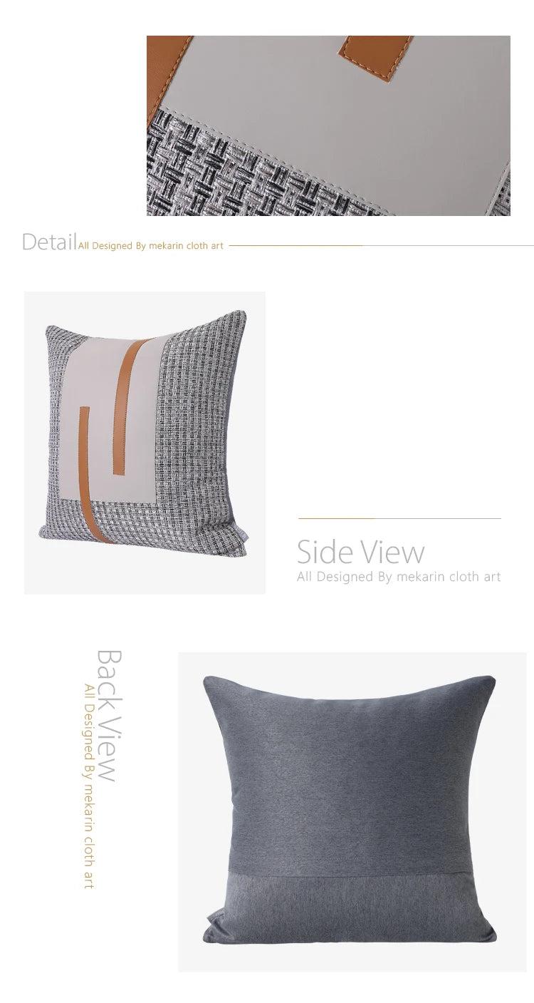 Modern light luxury model room orange gray leather stitching cotton jacquard pillow sofa pillow living room square pillow