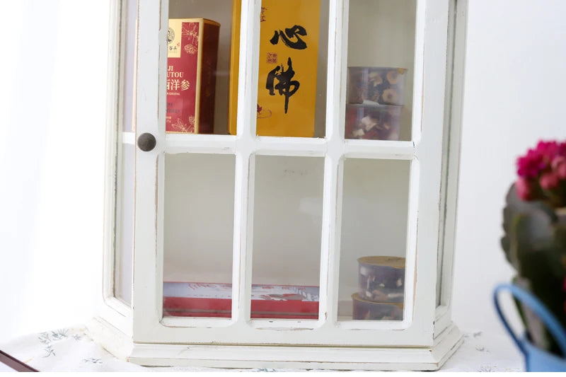 ‌Rustic Farmhouse Display Cabinet with Glass Doors Distressed White Solid Wood Storage Organizer for Kitchen/Office Vintage