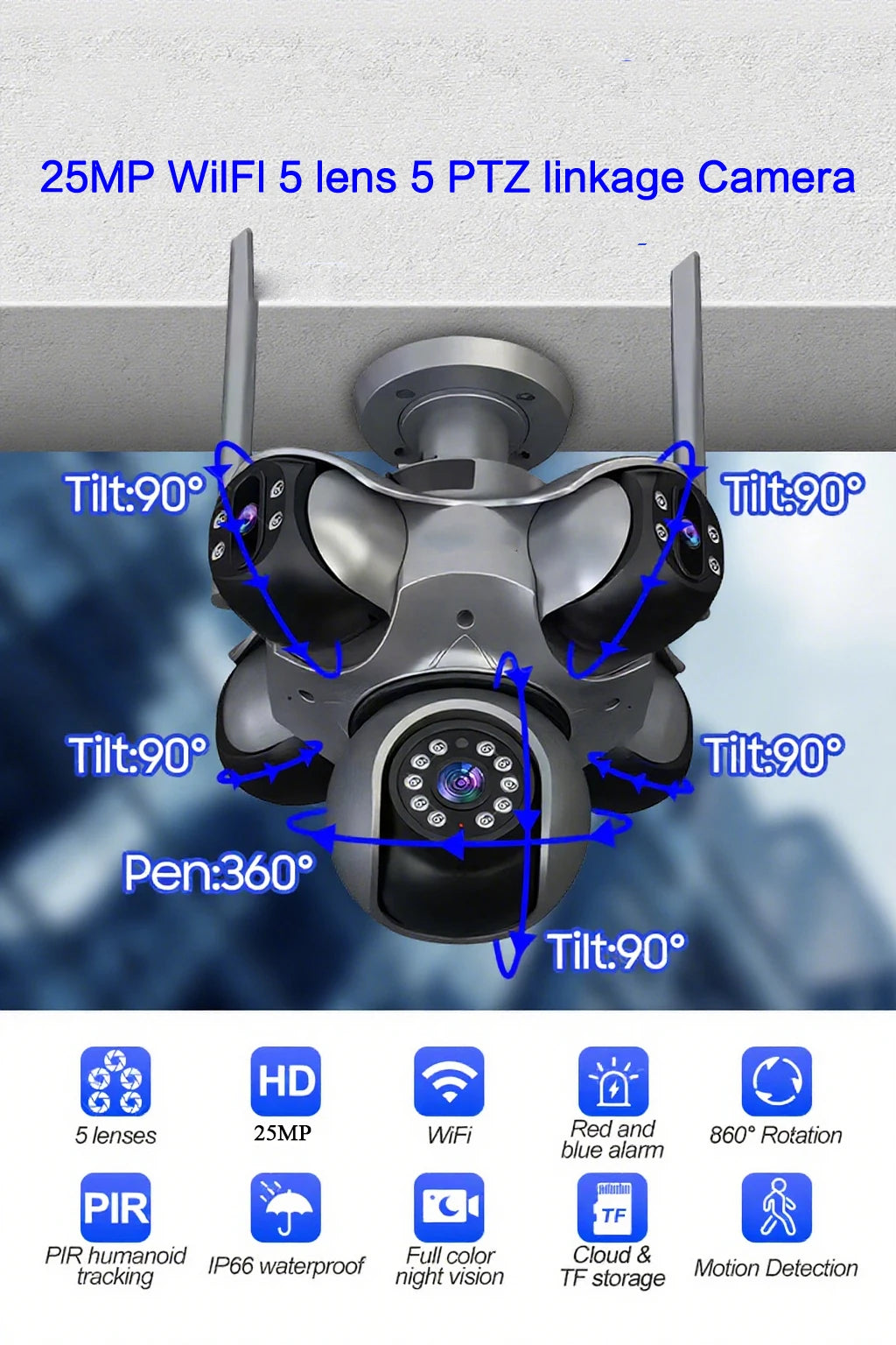 4K Wifi PTZ Panoramic Security Camera Outdoor 5 Lens 5  Screens Color night vision CCTV Wireless CCTV Video Surveillance Camera