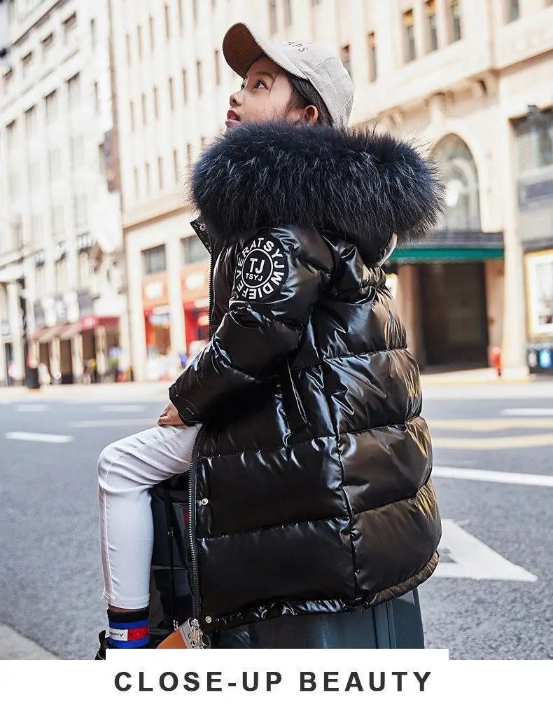 5-14 Years Old Winter Boys Girls Jacket Long Style Hooded Fur Collar Colorful Heavy Coat For Kids Children Outerwear