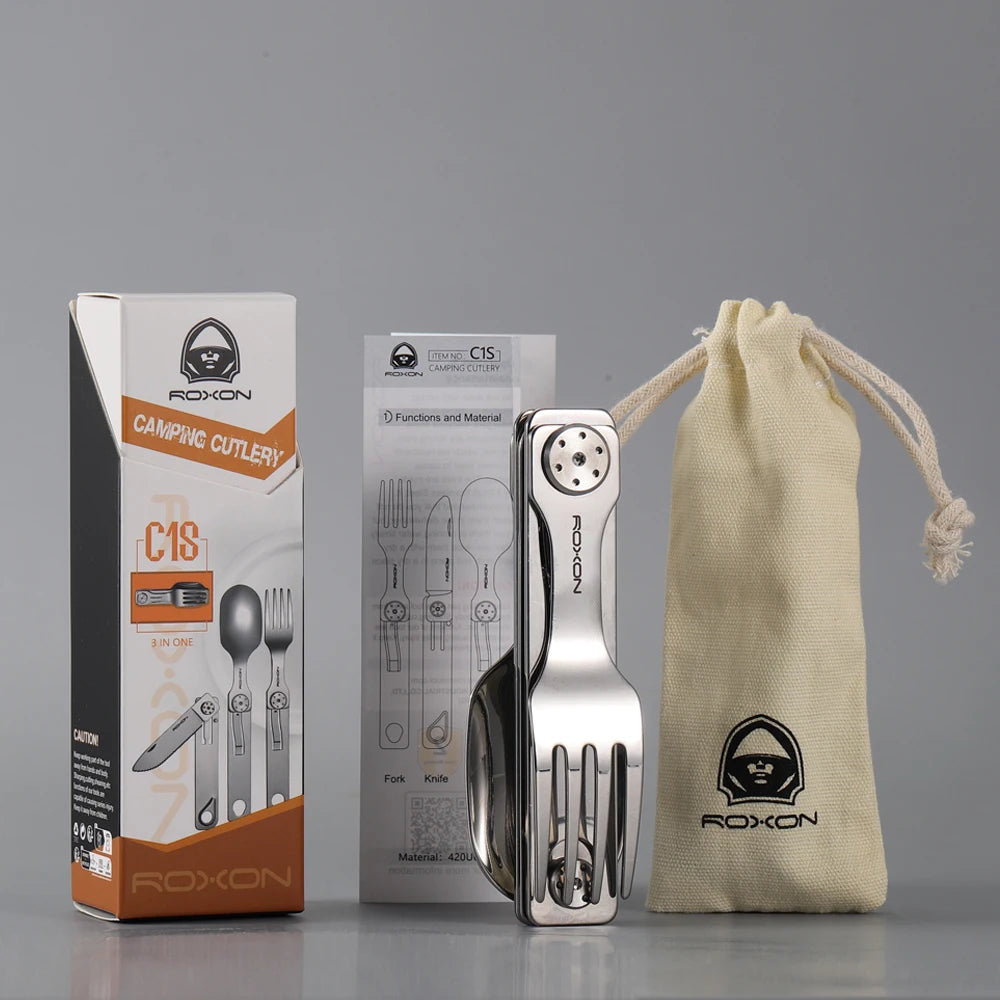 ROXON 3 IN 1 Camping Cutlery Set Knife Fork Spoon Stainless Steel Portable and Detachable