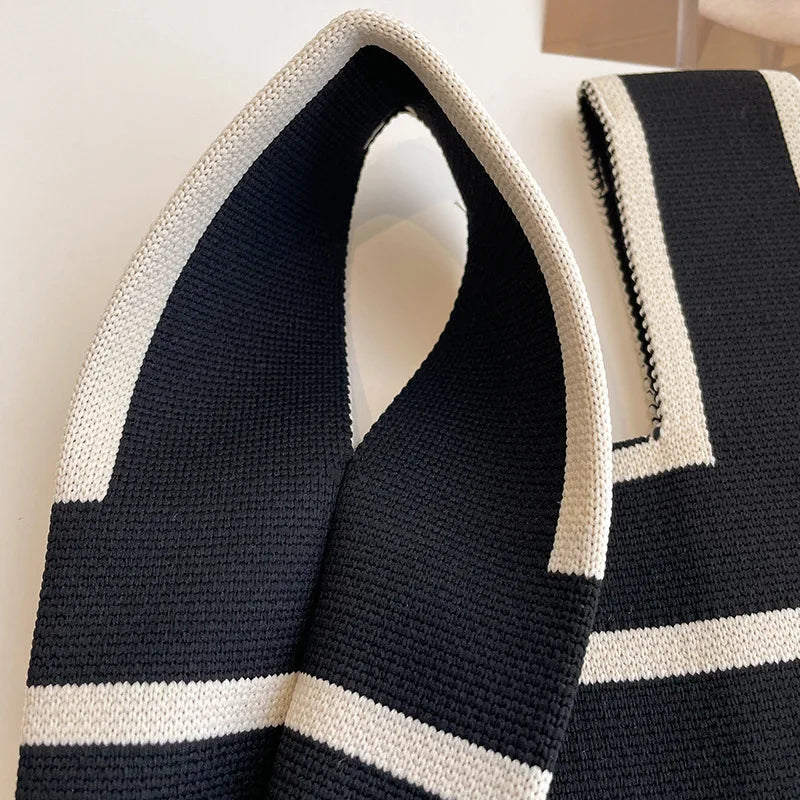 Women Handmade Knitted Small Handbag Casual Wrist Bag Wide Stripe Stripe Shopper Mini Tote Student Reusable Shoulder Bag