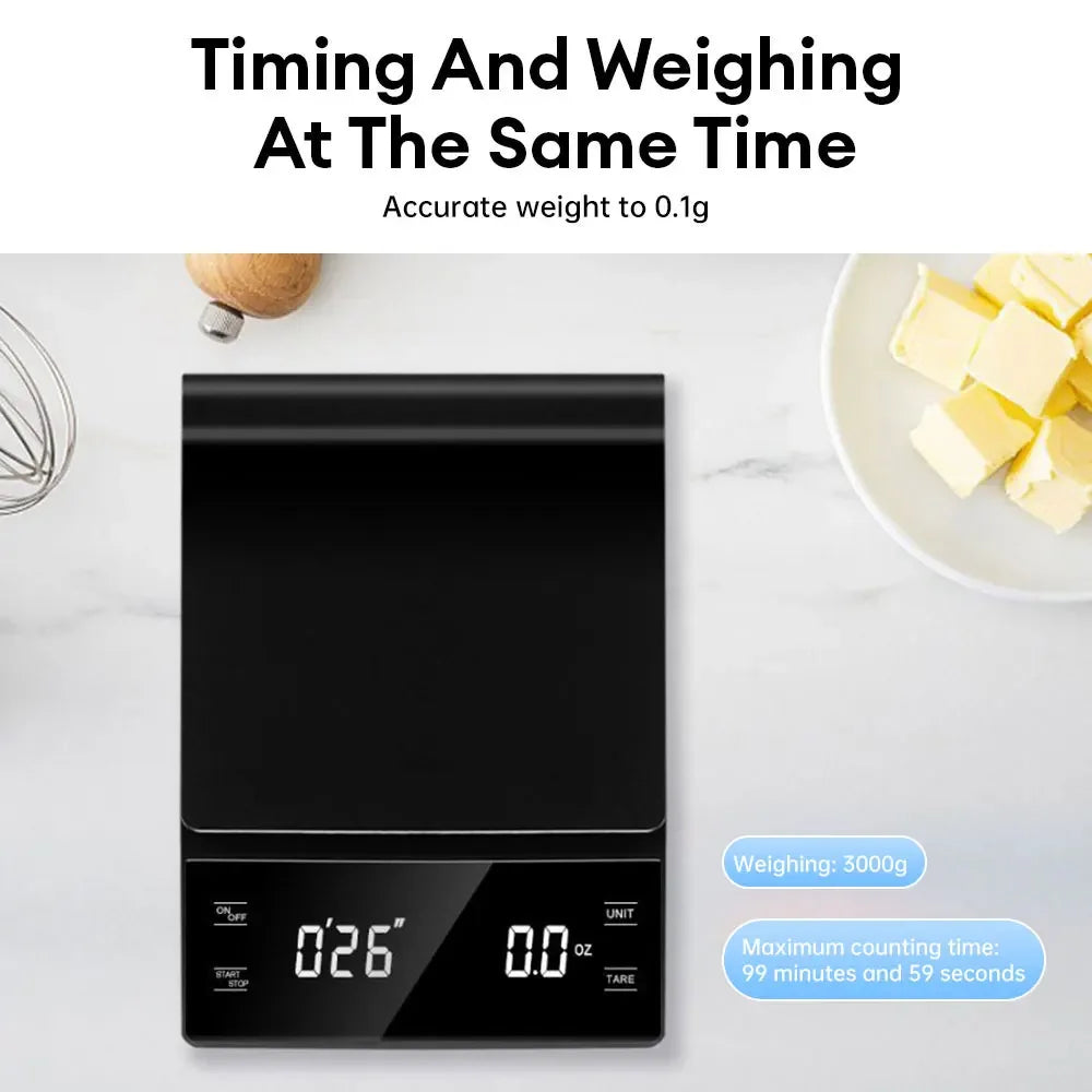 3kg/0.1g Precision Coffee Scale with Timer LCD Digital Kitchen Scale Multifunction Weighing Scale Pour Over Drip Coffee Scale