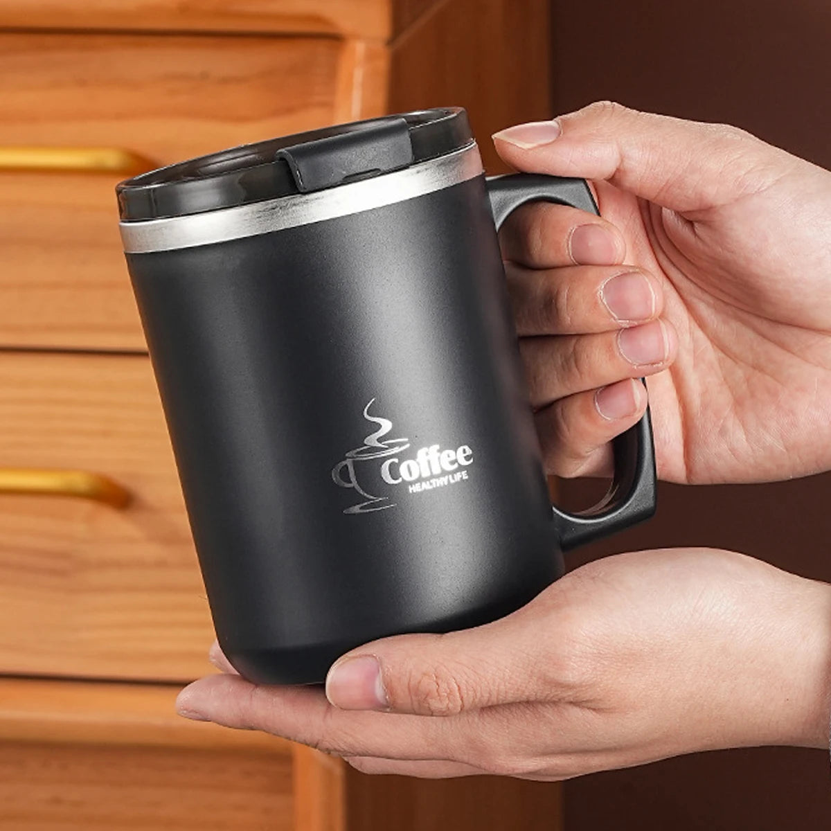 450ML Thermos Mug 304 Stainless Steel Double Wall Insulated Milk Coffee Cup With Handle & Lid Leak-proof Drinking Cup Drinkware