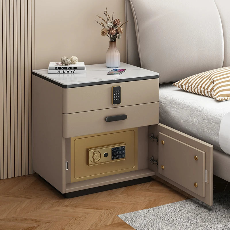 Safe Luxury Bedside Table With Lock Secret Compartment Glamour Metal Nightstands Designer Multifunctional Criado Mudo Furnitures
