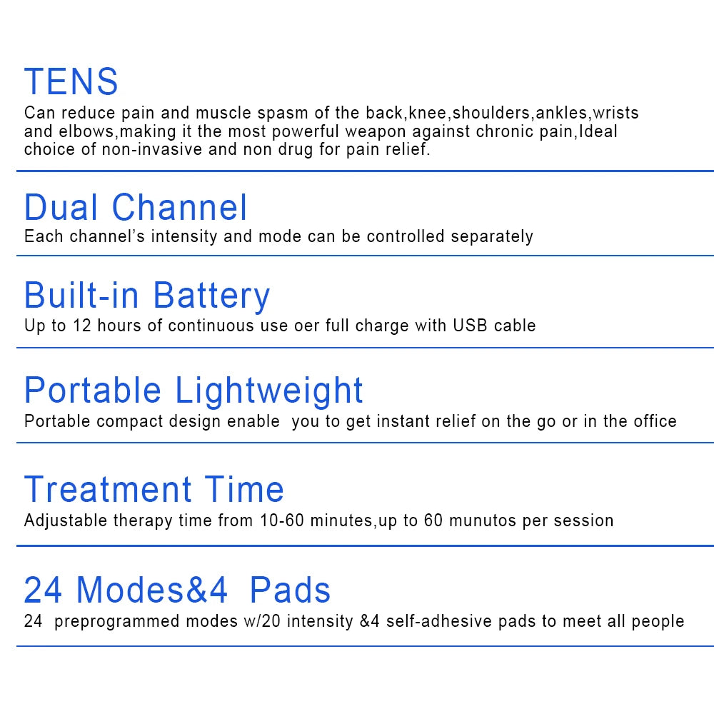 24 Modes Tens Unit Machine with 4 Electrode Pads for Pain Relief Pulse Massage EMS Muscle Stimulator Pain Relief Massage Relax