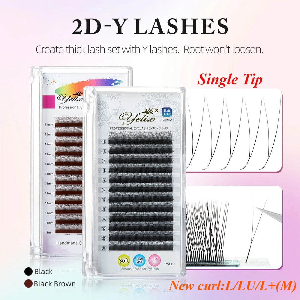 Yelix New 2D Volume Lashes Dark Brown Ultra-thin Y Lash Extension Lightweight Premade Fans Eyelash Extensions Single Tip 2D Y