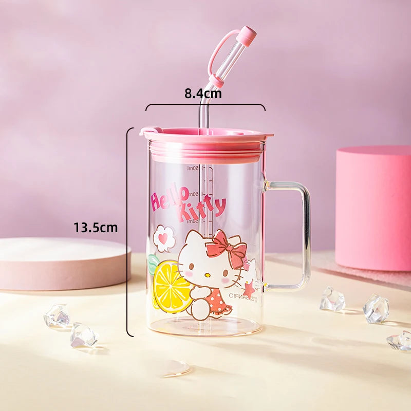 For Sanrio Collaboration Straw Glass Cup Transparent Coffee Mug Cartoon Print Water Cup with Scale＆Handle Home/Office Drinkware