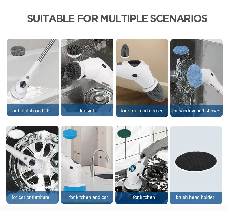 Electric Spin Scrubber 8 in 1 Cordless Cleaning Brush with Type C USB Port 3 Adjustable Speed LED Display For Bathroom Tub Tile