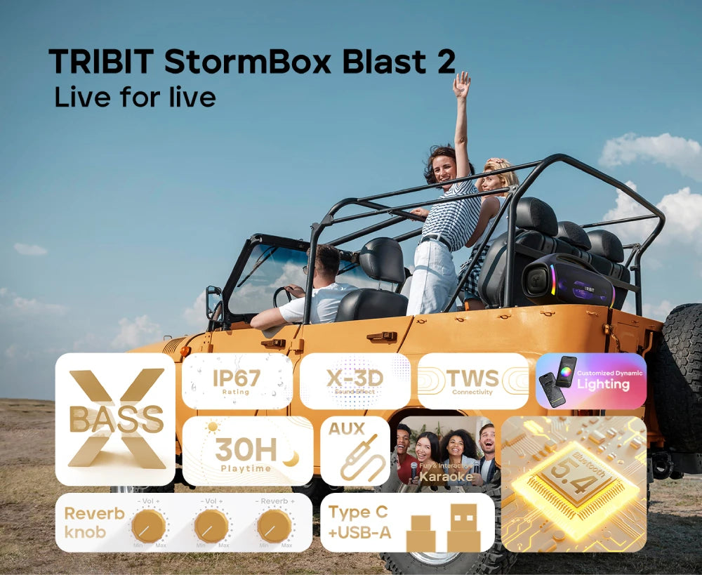 TRIBIT StormBox Blast 2 Bluetooth Speaker, 200W Power With Subwoofer Outdoor IP67 Party Speaker, 30H Playtime, LED, Mic Input