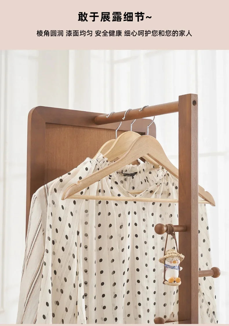 Solid Wood Full Body Floor Mirror for Home Bedroom Rotatable Movable Dressing Room Mirror with Clothes Hanger