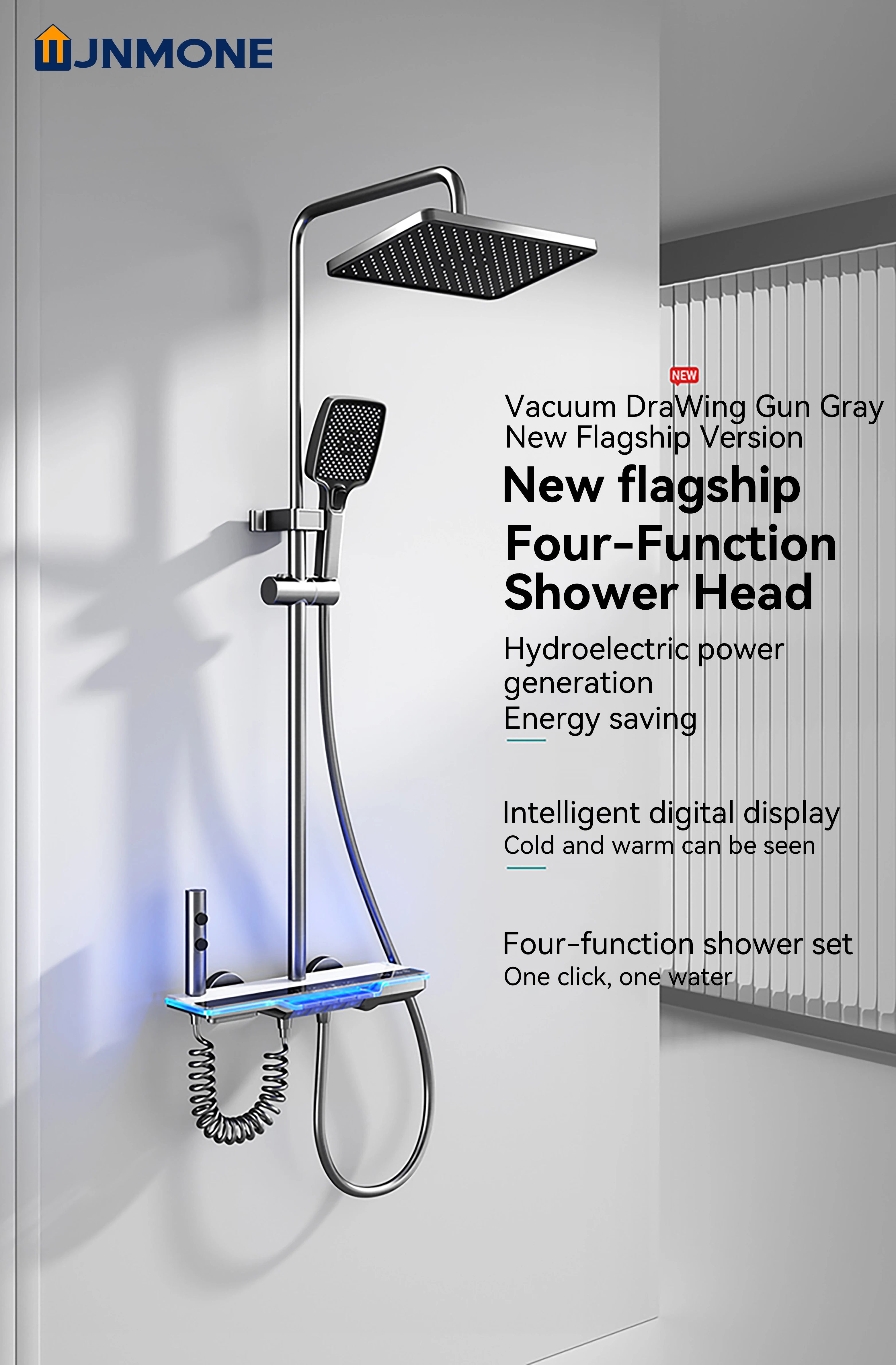 Ambient Light Bathroom Shower Full Set Wall Mount Bathtub Mixer Rain Digital Display Black Shower System Waterfall Shower Faucet
