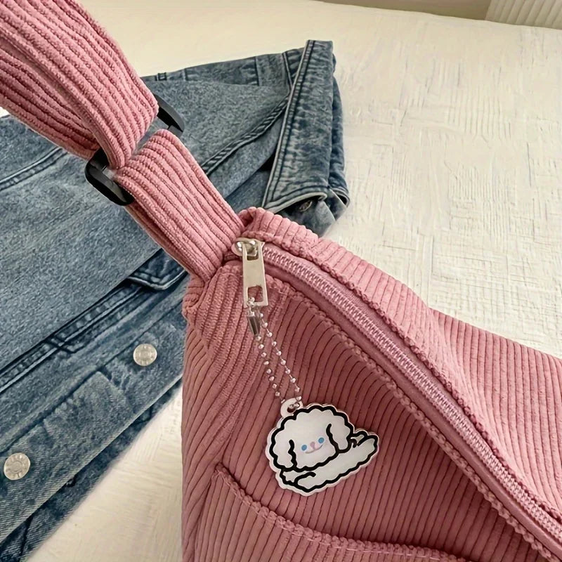 Women’s Corduroy Shoulder Bag Casual Striped Large Capacity Tote with Zipper Closure, Cute Hat Patch, Perfect for Everyday Use