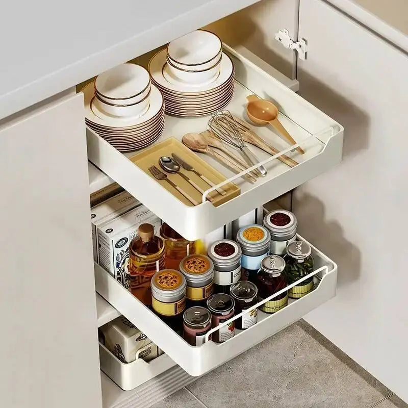 Box With Sliding Rail Pull-Out Cabinet Storage Rack Spice Pantry Shelves Drawer Kitchen Organizer Basket