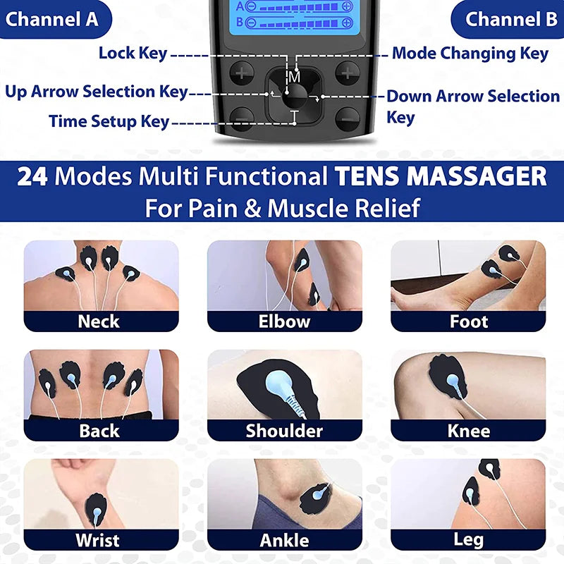 Electric TENS Muscle Stimulator Dual Channel EMS Electric Massager 24 Modes For Full Body Massage Muscle Pain Relief Relaxation