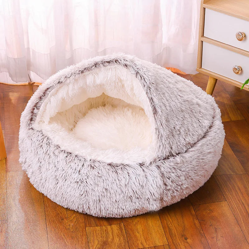 Snooze Cat Bed Round Plush Fluffy Hooded Cozy Cat Bed Cave for Indoor Donut Self Warming Small Dog Bed Anti-anxiety for Winter