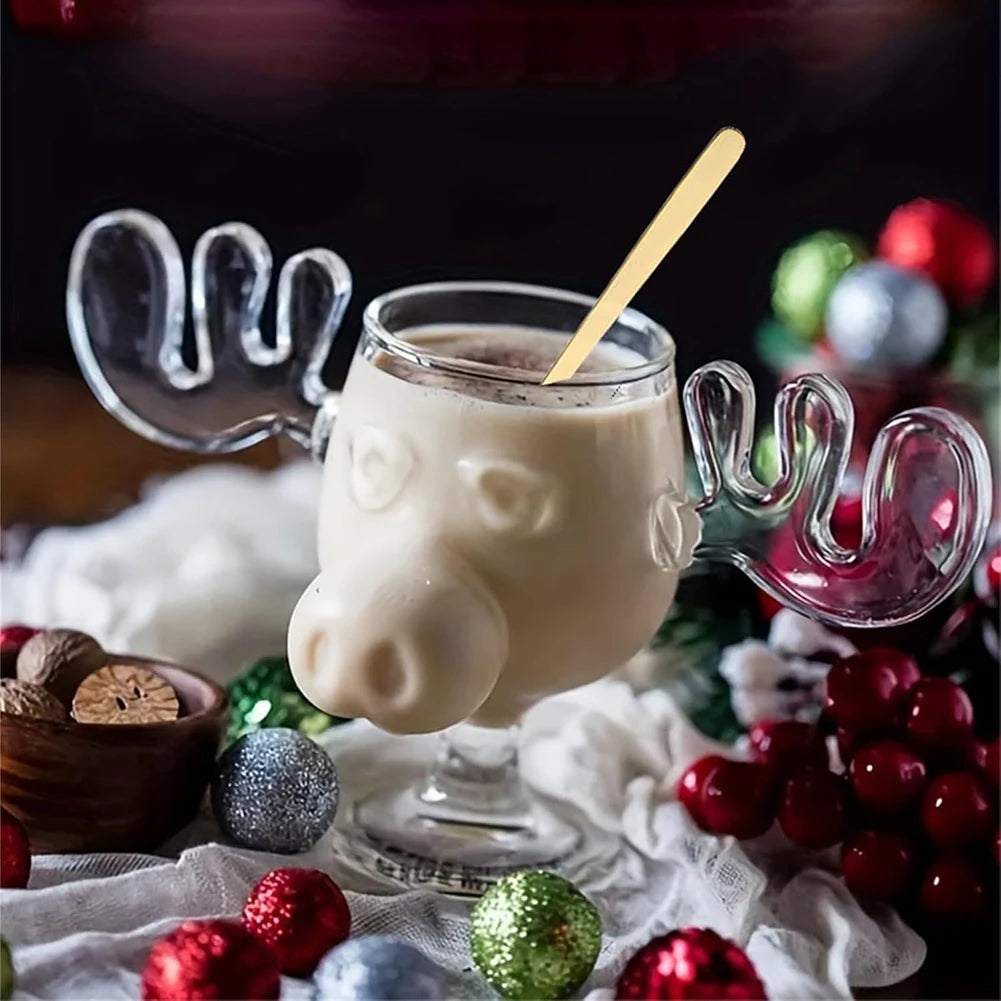 3-1PCS 240ml Christmas Vacation Eggnog Moose Mug Xmas Reindeer Head Creative Elk Glass Clear Wine Water Juice Milk Cup Drinkware