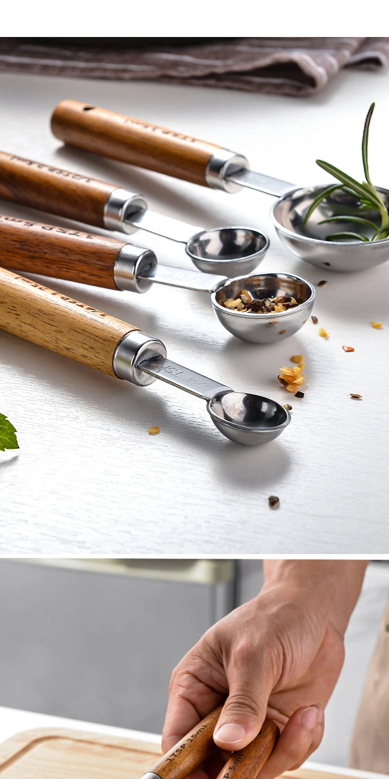 Measuring Spoon Set Wooden Handle Stainless Steel Measuring Cups Spoons Baking Tools Coffee Bartending Scale Kitchen Accessories