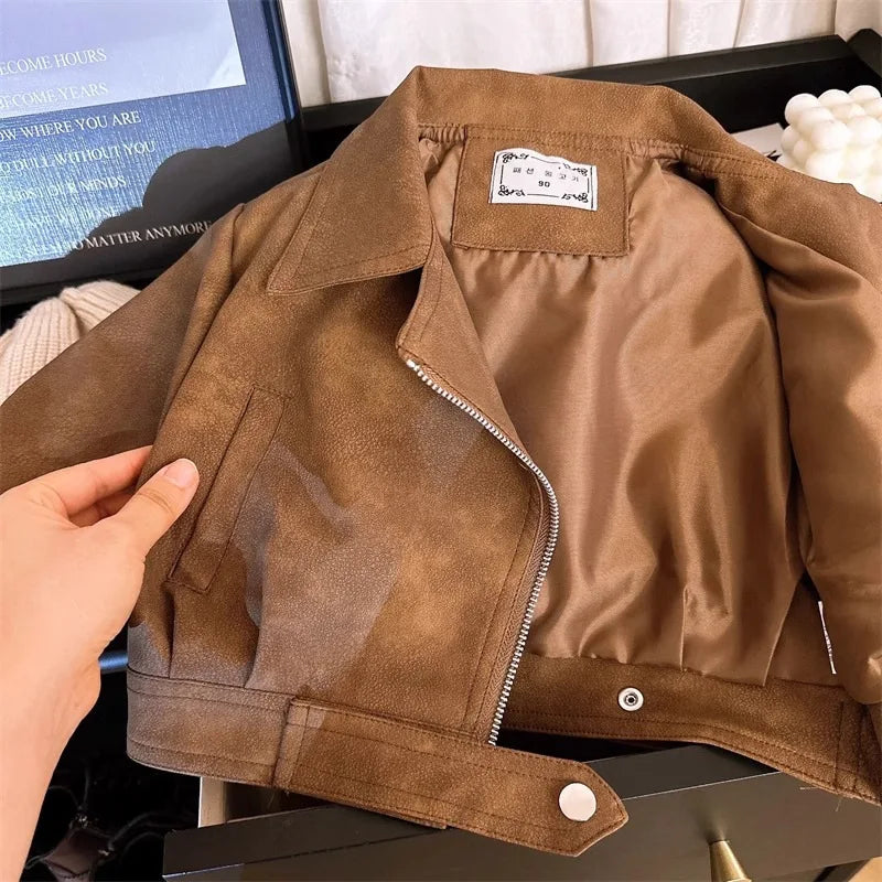 2 3 4 5 6 8 Years Girls Jacket Spring Autumn New Fashion Artificial Leather Coat For Kids Leisure Stain Resistant Outerwear