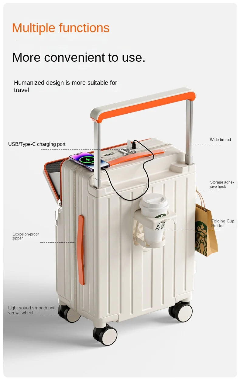 Travel Luggage Wide Tie Rod Suitcase Front Opening Laptop Boarding Case USB Charging 20"22"24"26 Inch Trolley Case with Wheels