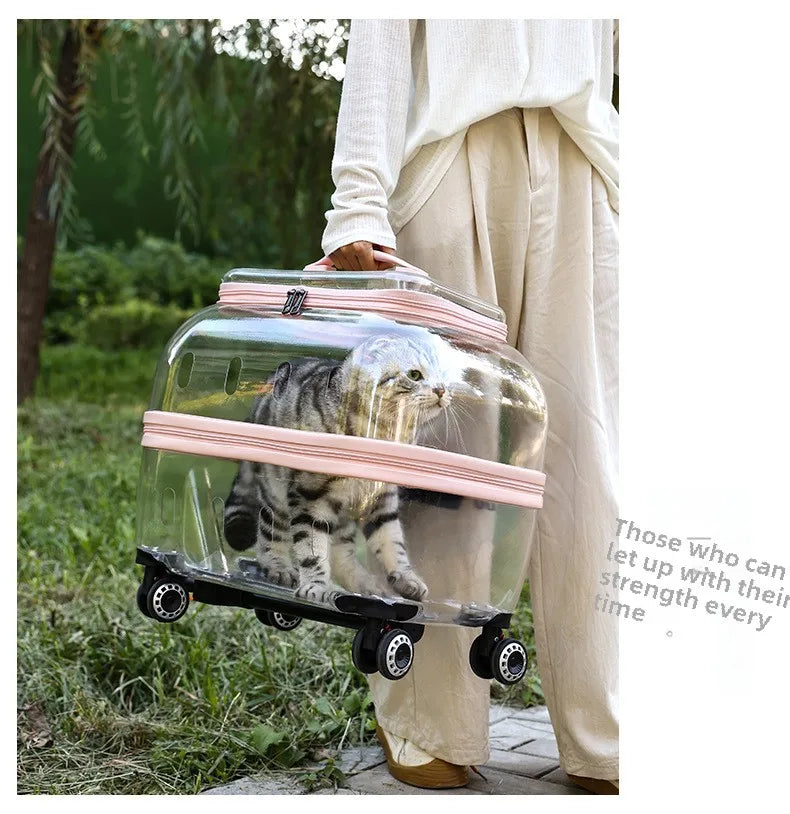 Fashion Transparent Cat Cage Large Capacity Pet Suitcase Breathable Cat Carriers Pull Rod/Handheld Dual Use Cat Transport Cart