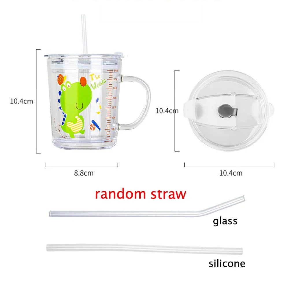 350ml Cute Unicorn Children Milk Cup With Scale Transparent Breakfast Cup With Straw Lid Cartoon Glass Cup For Kids Drinkware