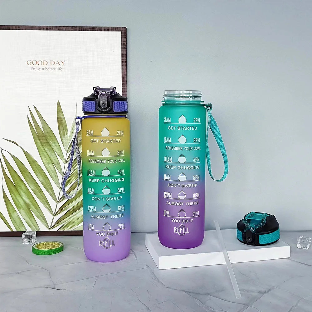 1L Gradient Color Motivational Sports Water Bottle with Time Marker Water Bottle with Straw for Office Exercise Gym Outdoor