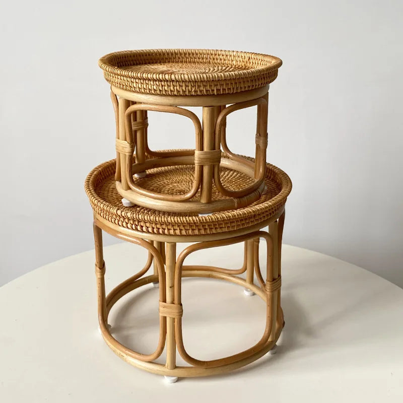 Handwoven Rattan Balcony Side Table Vintage Sofa Coffee Table  Durable Dessert and Snack Stand Japanese  Bedroom Organizer