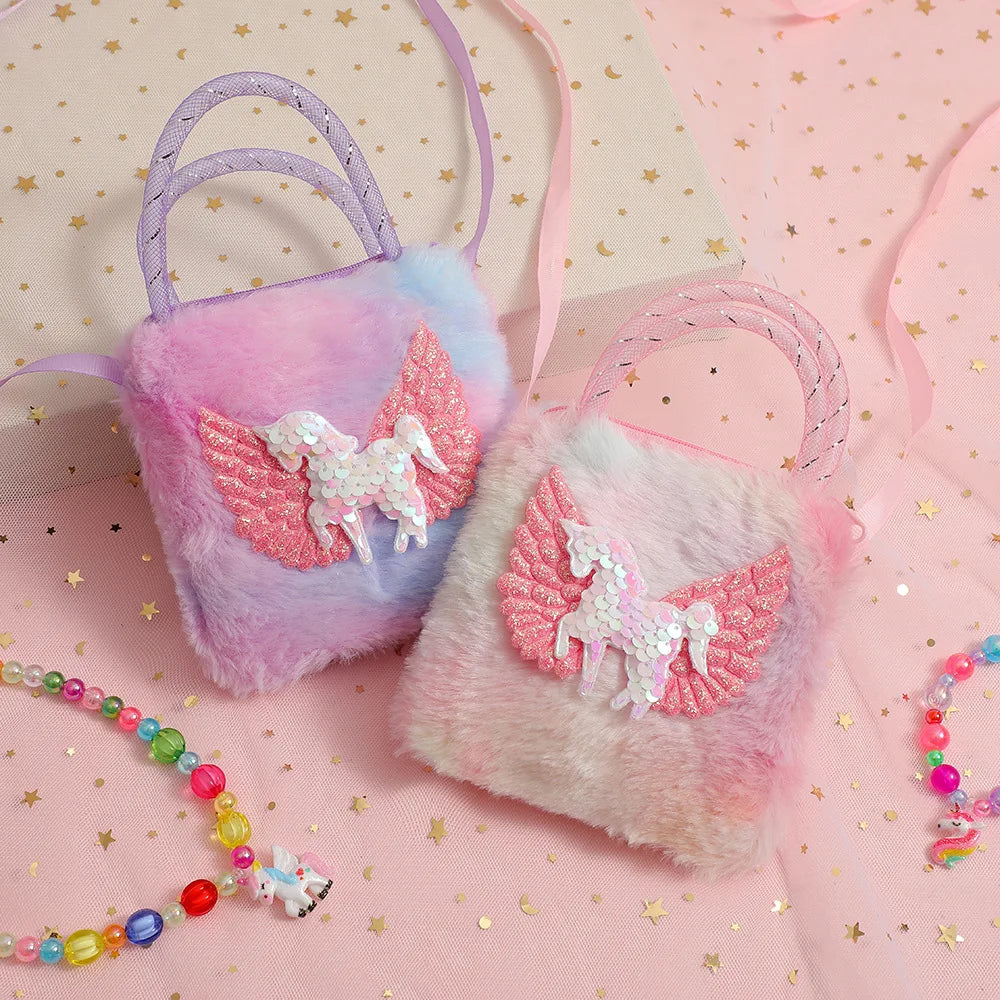 1 Piece Cute Furry Cartoon Kids Shoulder Bag for Girl Plush Shiny Cartoon Unicorn Crossbody Bag Baby Small Stuff Storage Bag