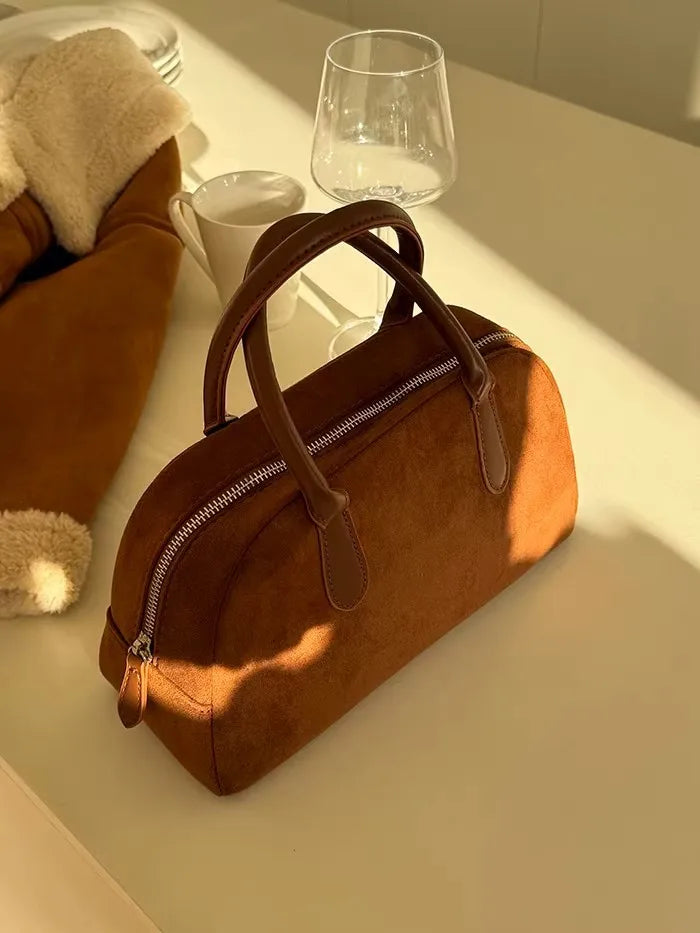Brown Vintage Suede Tote Bag High Quality Designer Luxury Boston Handbag 2025 Winter New in Women's Bags Korean Hand Bag Ladies