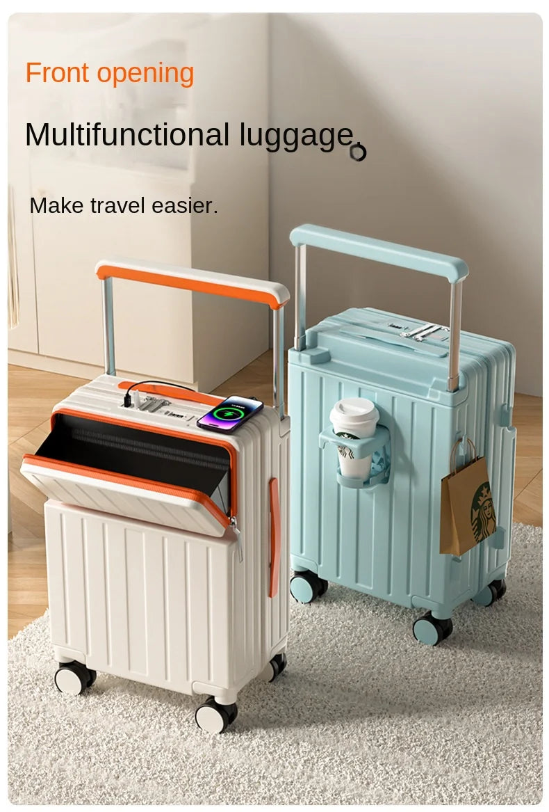 Travel Luggage Wide Tie Rod Suitcase Front Opening Laptop Boarding Case USB Charging 20"22"24"26 Inch Trolley Case with Wheels