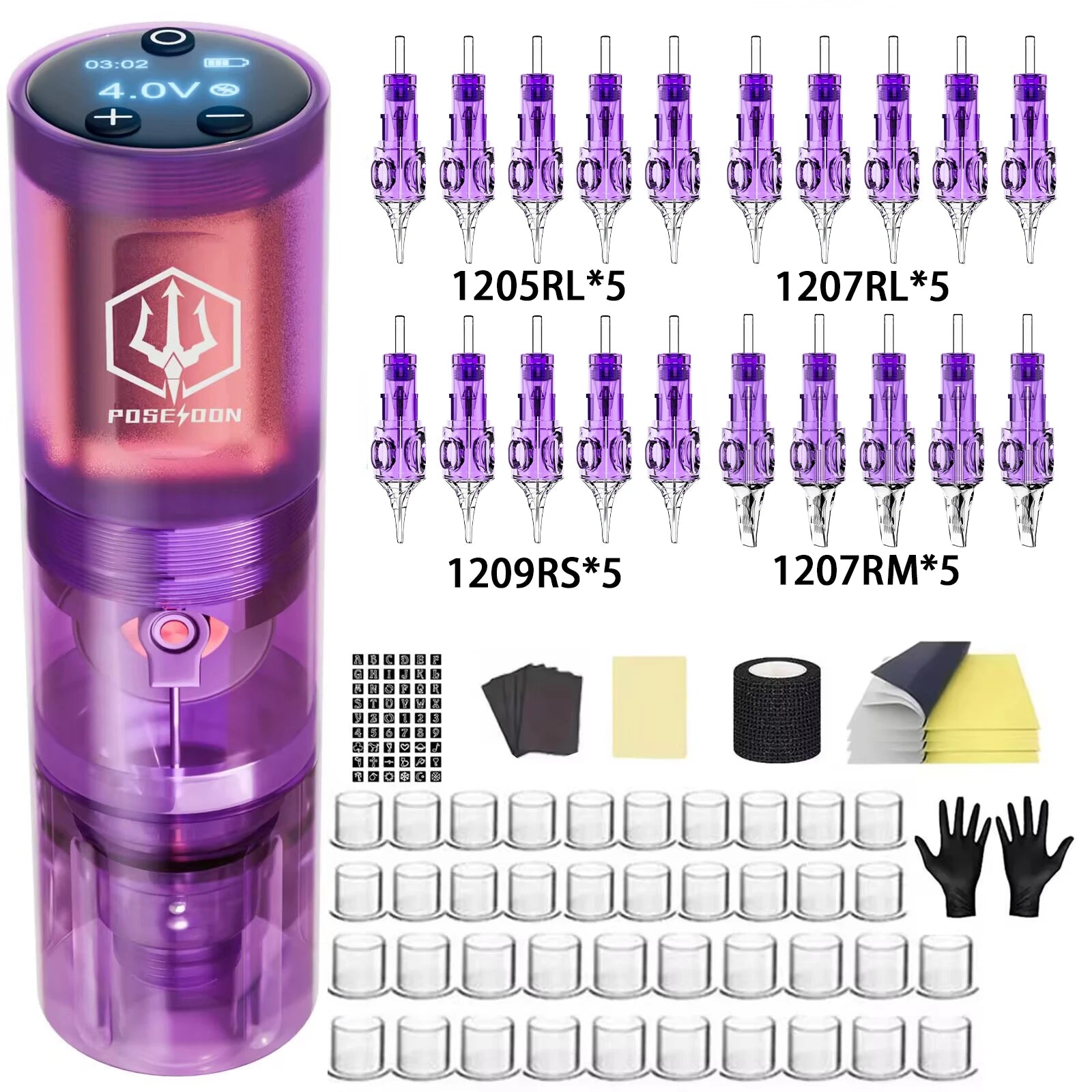 Tattoo Kit POSEIDON High Power Tattoo Pen Kit For Permanent Makeup Tattoo Machine Kit Hot Purple Tattoo Power Supply Tattoo Gun