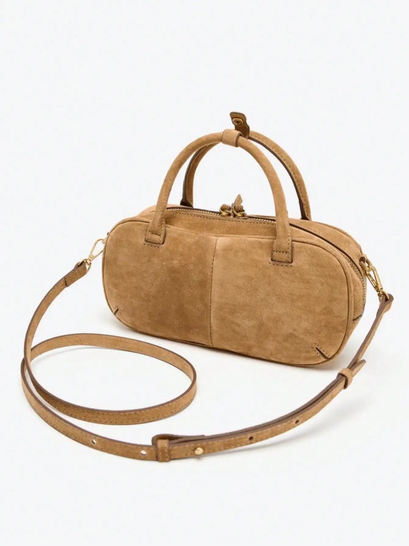 Women small double handle suded Boston bag 2025 autumn winter new camel color with strap crossbody