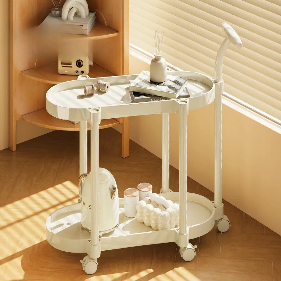 Cream Style Coffee Table Cart Creative Double-layer Snack Rack Bedroom Living Room Mobile Side Table Bedside Table Storage Rack