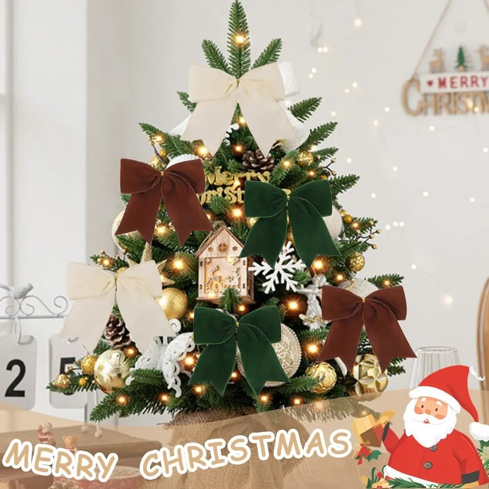 5PCS Christmas Velvet Bows 6 Inch Rustic Wreath Bows Vintage Xmas Ribbon Bow Holiday Ornaments  Christmas Tree Garland DIY Craft