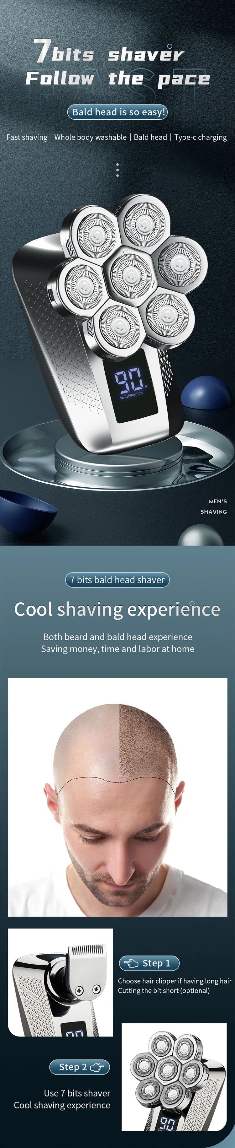 5 in1 Head Shavers for Men 7D, Cordless Bald Head Shaver Wet&Dry Waterproof Electric Razor for Men with LED Display Grooming Kit