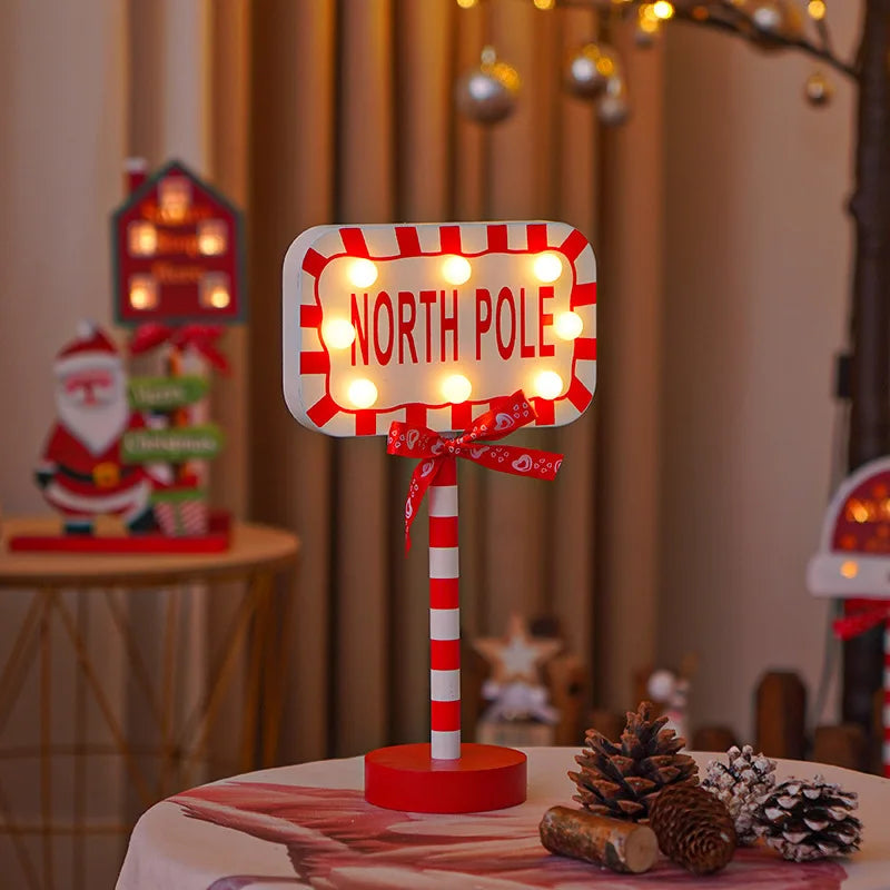 Christmas Retro Lamp LED Light Santa Stop Here Street Sign Xmas Wooden Desktop Home Decoration Navidad 2025 New Year Kids Gift