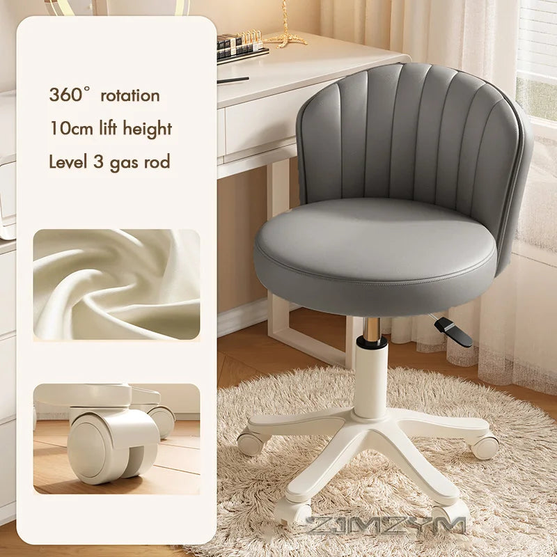 Leather Chair Rotatable Shell Seat Adjustable Rotary Stool for Home Makeup Wear-Resistant Chair for Studios,Wheel-slip Back Chai