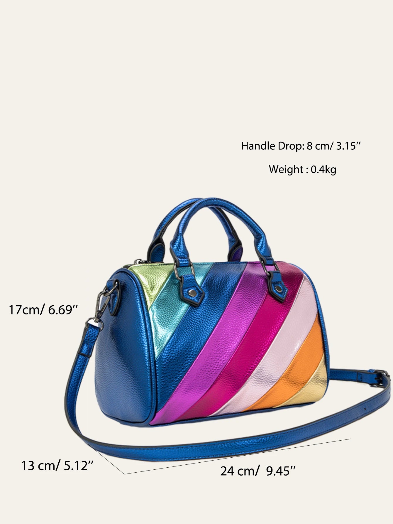 CEZIRA Luxury Metallic PU Vegan Leather Boston Bag Women Fashion Colorful Stripes Patchwork Top-handle Purse Crossbody Handbags