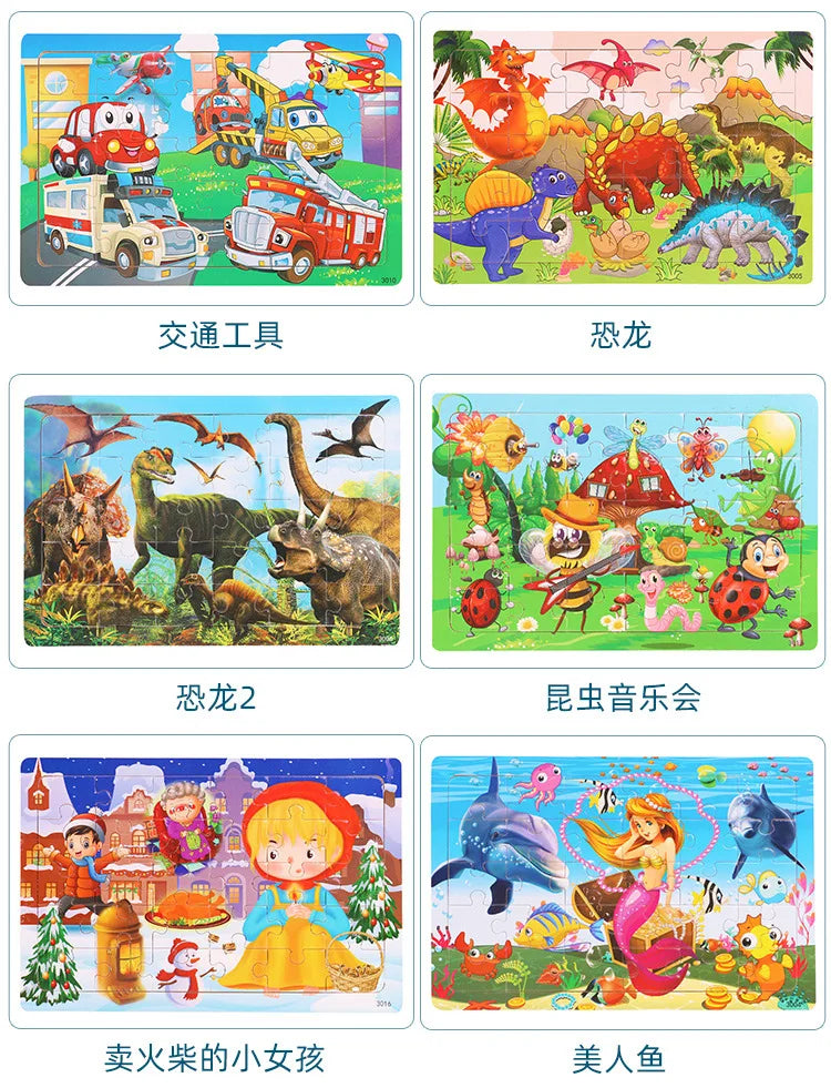 NEW Wooden 30pcs Puzzles Children Animal Dinosaur Cartoon Plane Puzzle Baby Early Education and Intellectual Building Block Toys