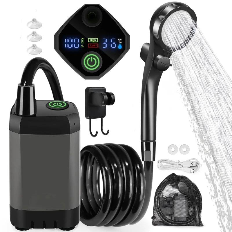 Portable Camping Shower Equipment 6000mAh Rechargeable LED Display Screen Outdoor Simple Electric Mobile Shower Set