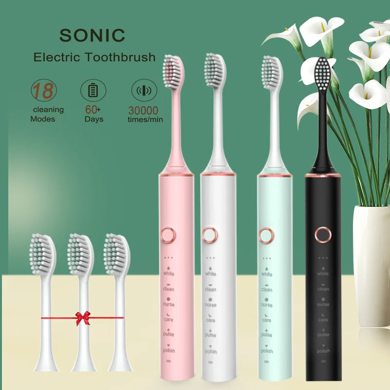 New N100 Sonic Electric Toothbrush Adult Timer Brush 6 Mode USB Charger Rechargeable Tooth Brushes Replacement Heads Set