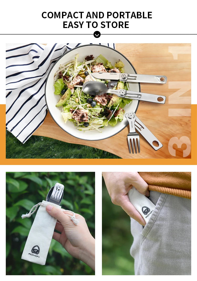 ROXON 3 IN 1 Camping Cutlery Set Knife Fork Spoon Stainless Steel Portable and Detachable