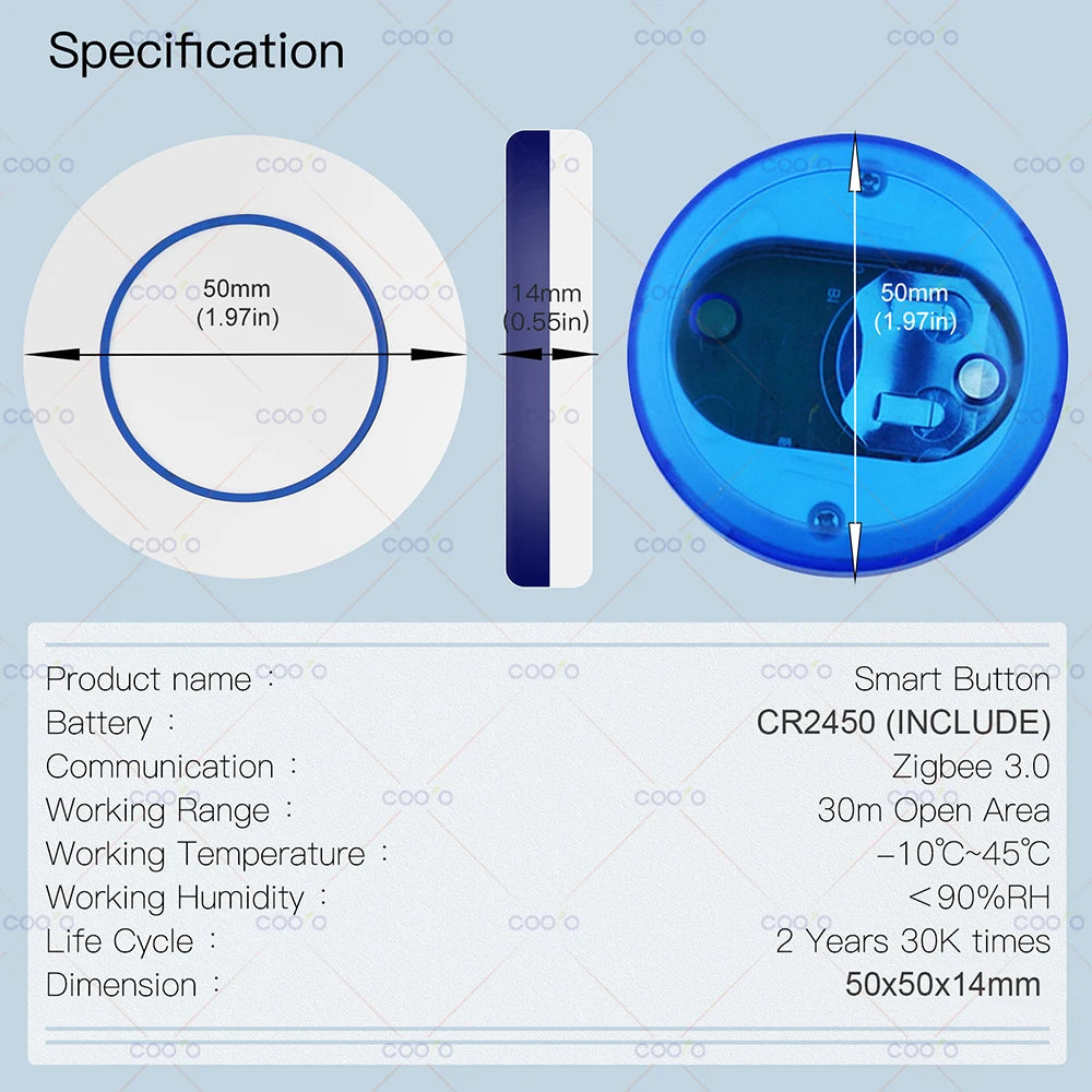 Tuya ZigBee Push Button Wireless Smart Scene Switch Controller Battery Powered Automation Scenario Linkage with Tuya devices Z2M