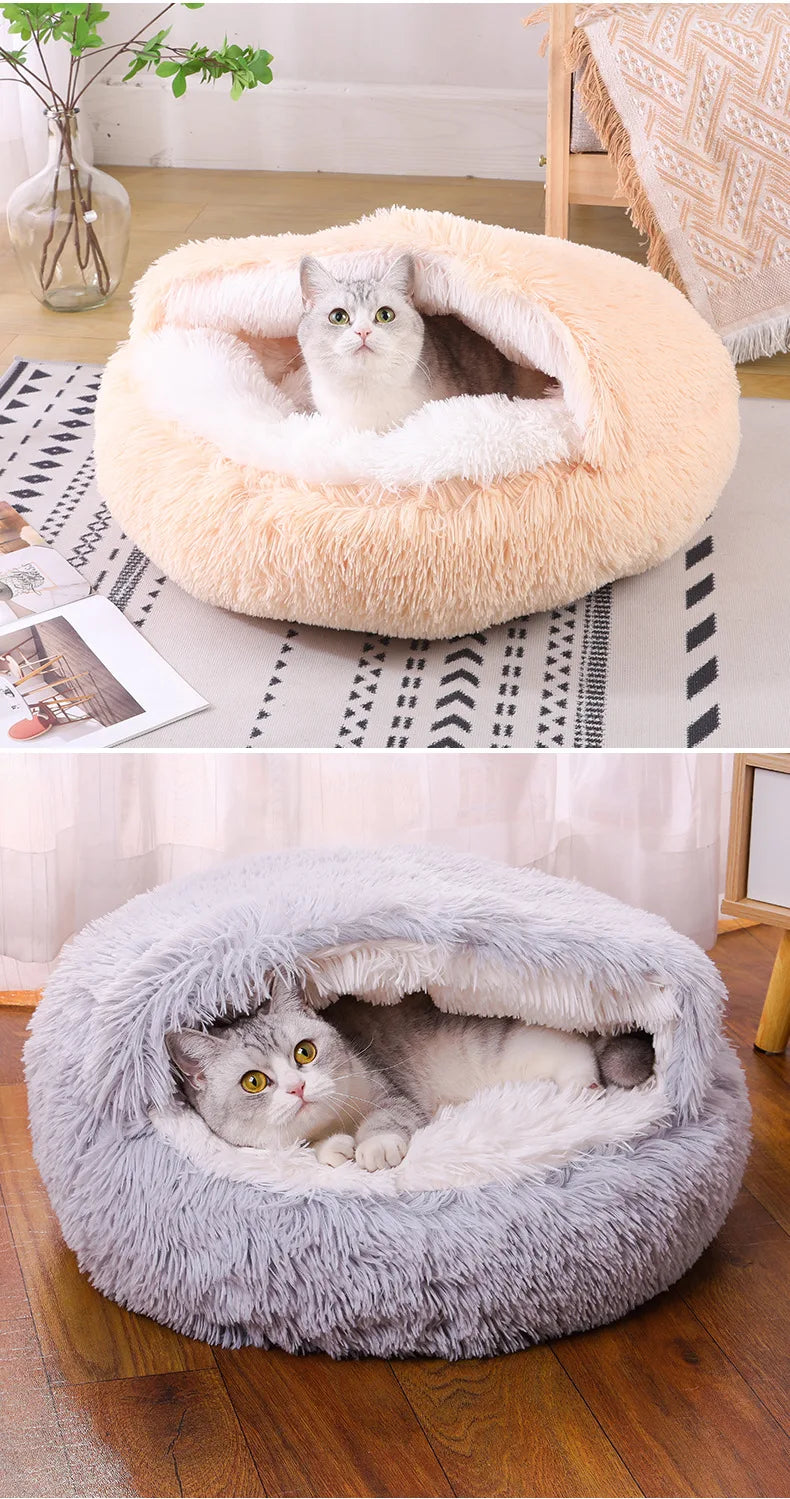 Snooze Cat Bed Round Plush Fluffy Hooded Cozy Cat Bed Cave for Indoor Donut Self Warming Small Dog Bed Anti-anxiety for Winter