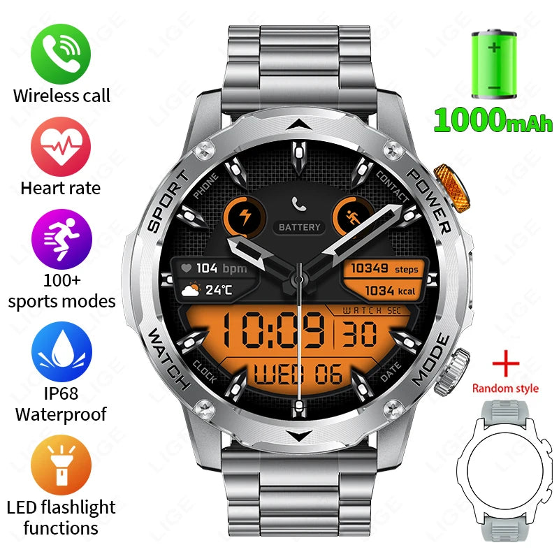 LIGE Military Smart Watch Men 1000mAh Battery Outdoors LED Flashlight Waterproof Heart Rate Sport BT Call 1.7" AMOLED Smartwatch