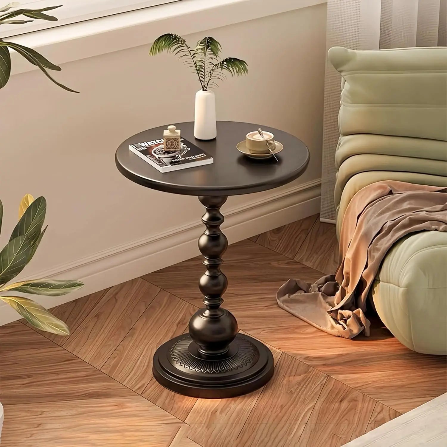 Metal Small Round End Table,Vintage Bedside Drink Table Nightstand Modern Accent Pedestal Tables Coffee Tables for Living Room