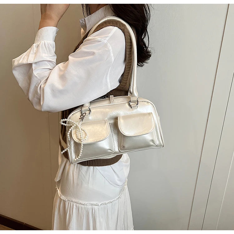 Solid Sewing Thread Fashion Glossy PU Shoulder Bags Baguette Versatile Hand Bags 2025 Hot Sale Bags for Women Bolsas Femininas